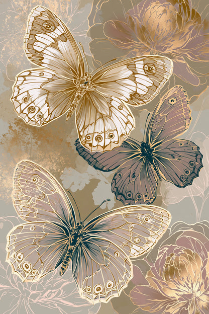Tableau papillons effet dentelle botanique en beige et or - format L
