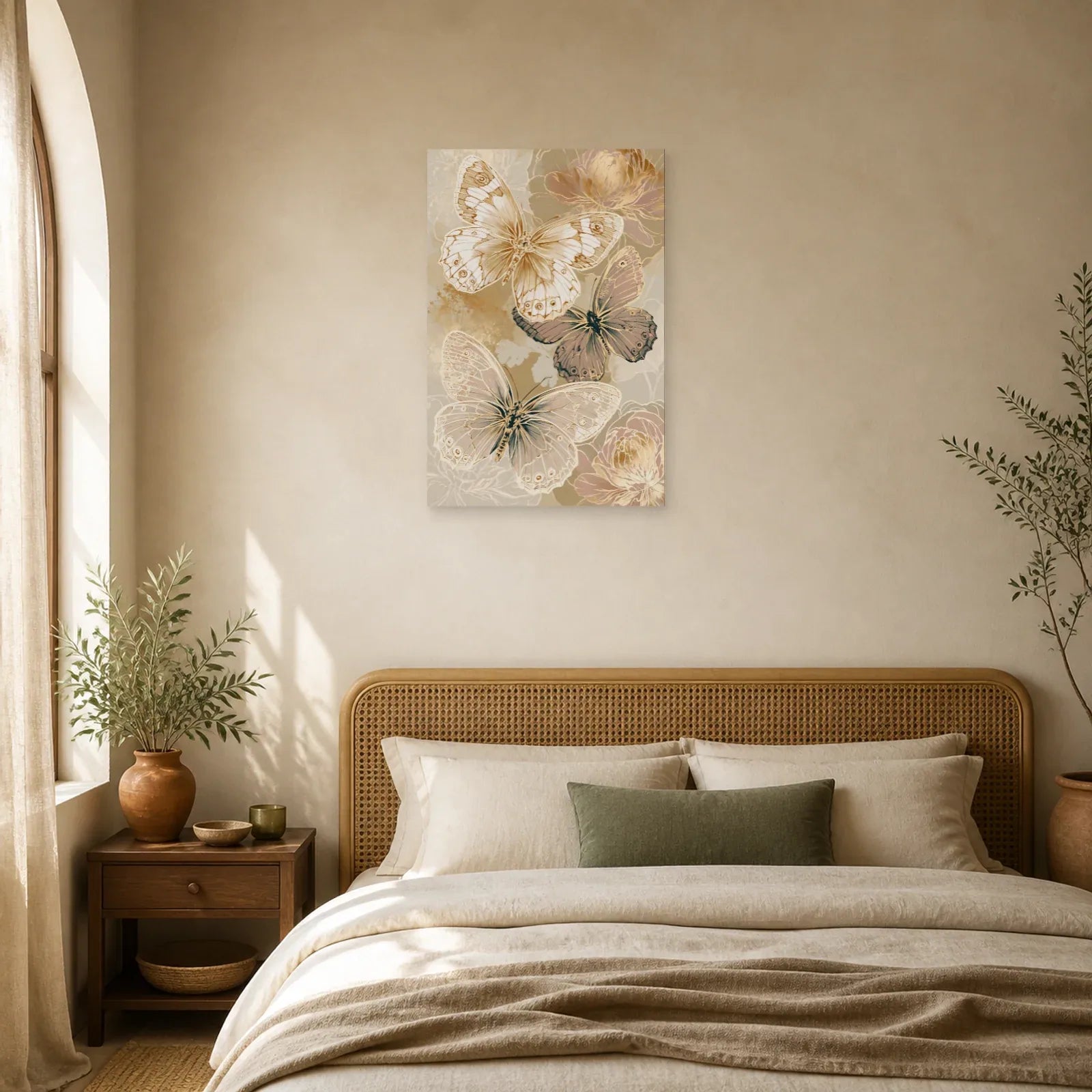Tableau papillons effet dentelle botanique en beige et or dans une chambre apaisante