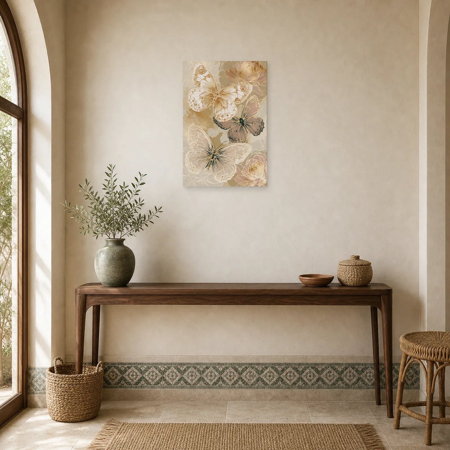 Tableau papillons effet dentelle botanique en beige et or dans une entrée ou un couloir décoré