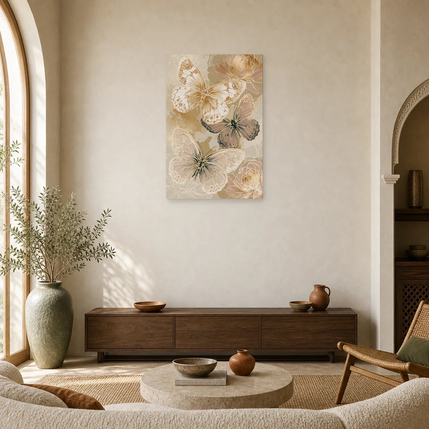 Tableau papillons effet dentelle botanique en beige et or dans un salon contemporain