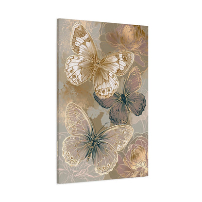 Tableau papillons effet dentelle botanique en beige et or - toile 3D avec bords imprimés visibles