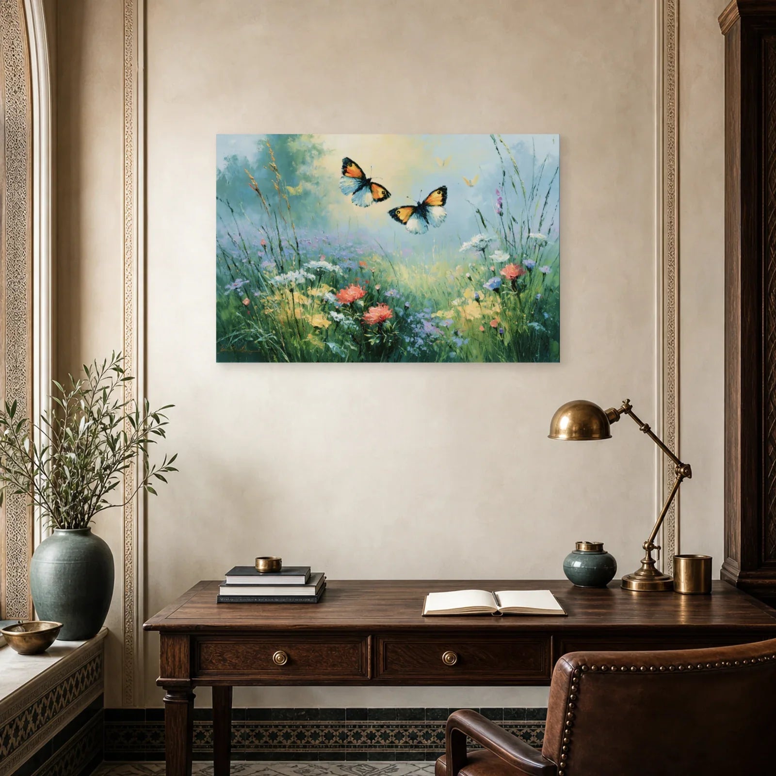 Tableau papillons dans un jardin fleuri peint en bleu vert dans un bureau élégant