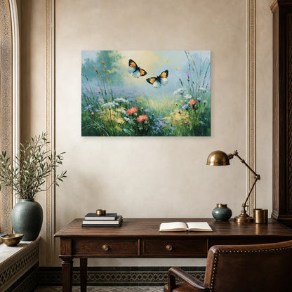 Tableau papillons dans un jardin fleuri peint en bleu vert dans un bureau élégant