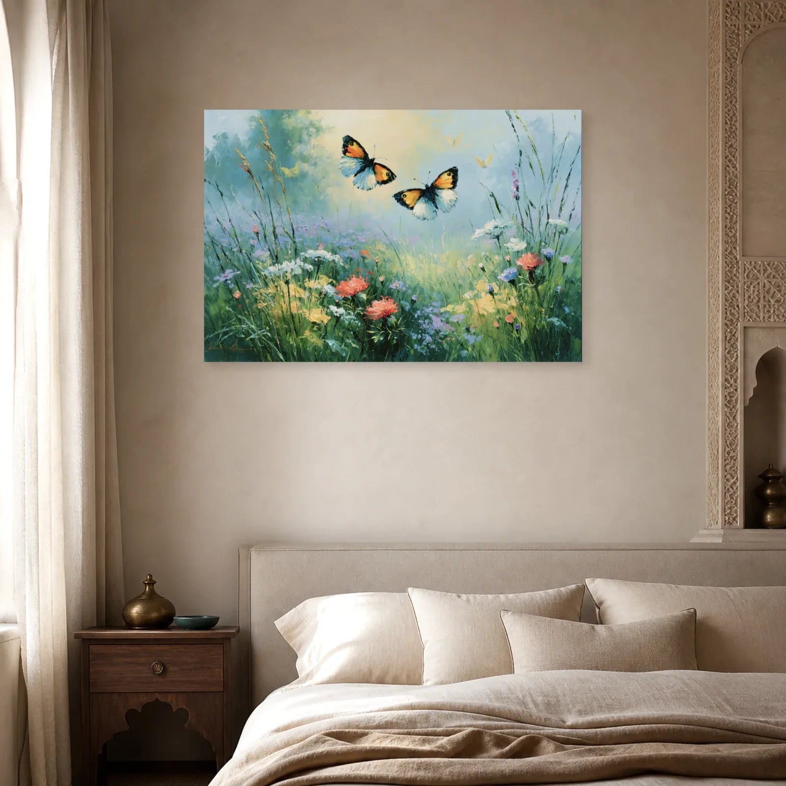 Tableau papillons dans un jardin fleuri peint en bleu vert dans une chambre apaisante