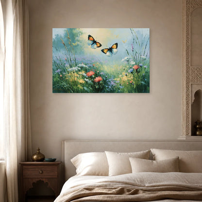 Tableau papillons dans un jardin fleuri peint en bleu vert dans une chambre apaisante