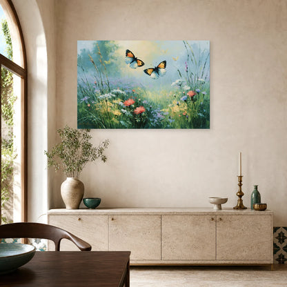 Tableau papillons dans un jardin fleuri peint en bleu vert dans une salle à manger lumineuse