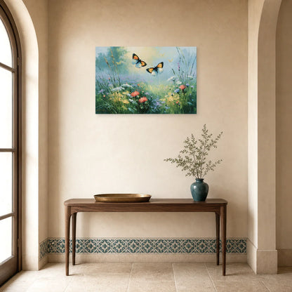 Tableau papillons dans un jardin fleuri peint en bleu vert dans une entrée ou un couloir décoré