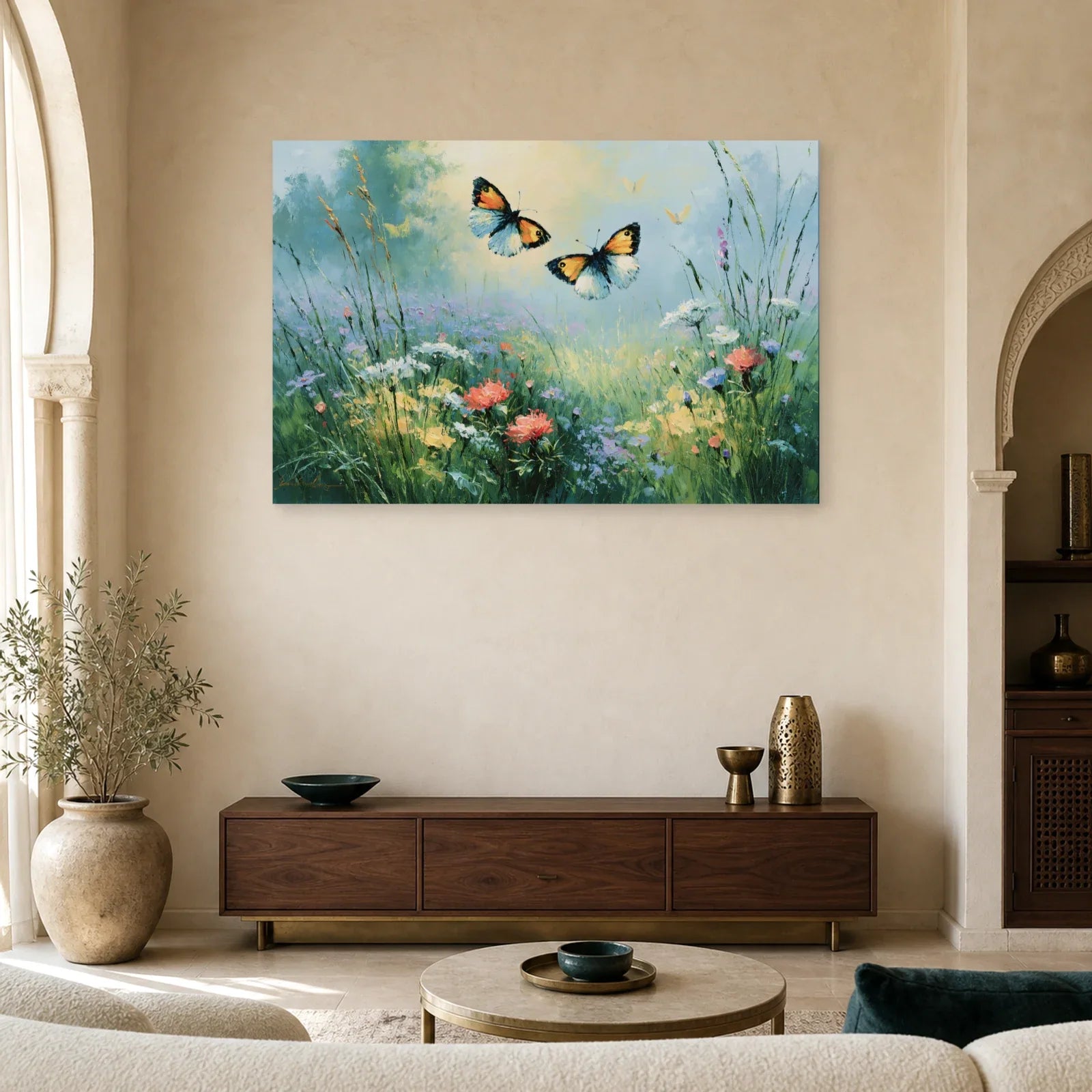 Tableau papillons dans un jardin fleuri peint en bleu vert dans un salon contemporain