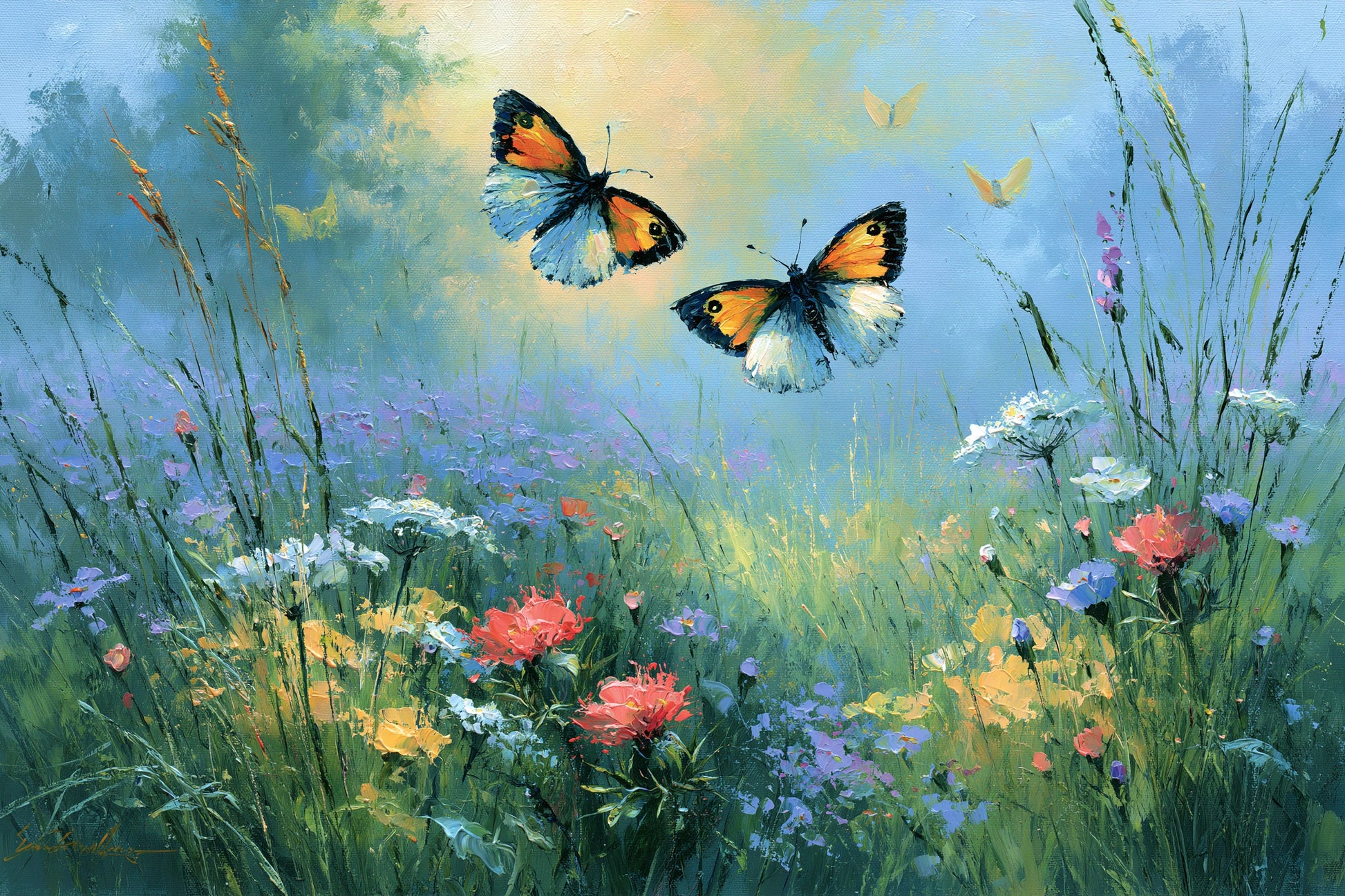 Tableau papillons dans un jardin fleuri peint en bleu vert - format S