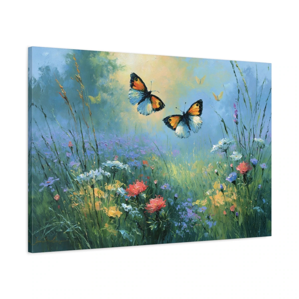 Tableau papillons dans un jardin fleuri peint en bleu vert - toile 3D avec bords imprimés visibles