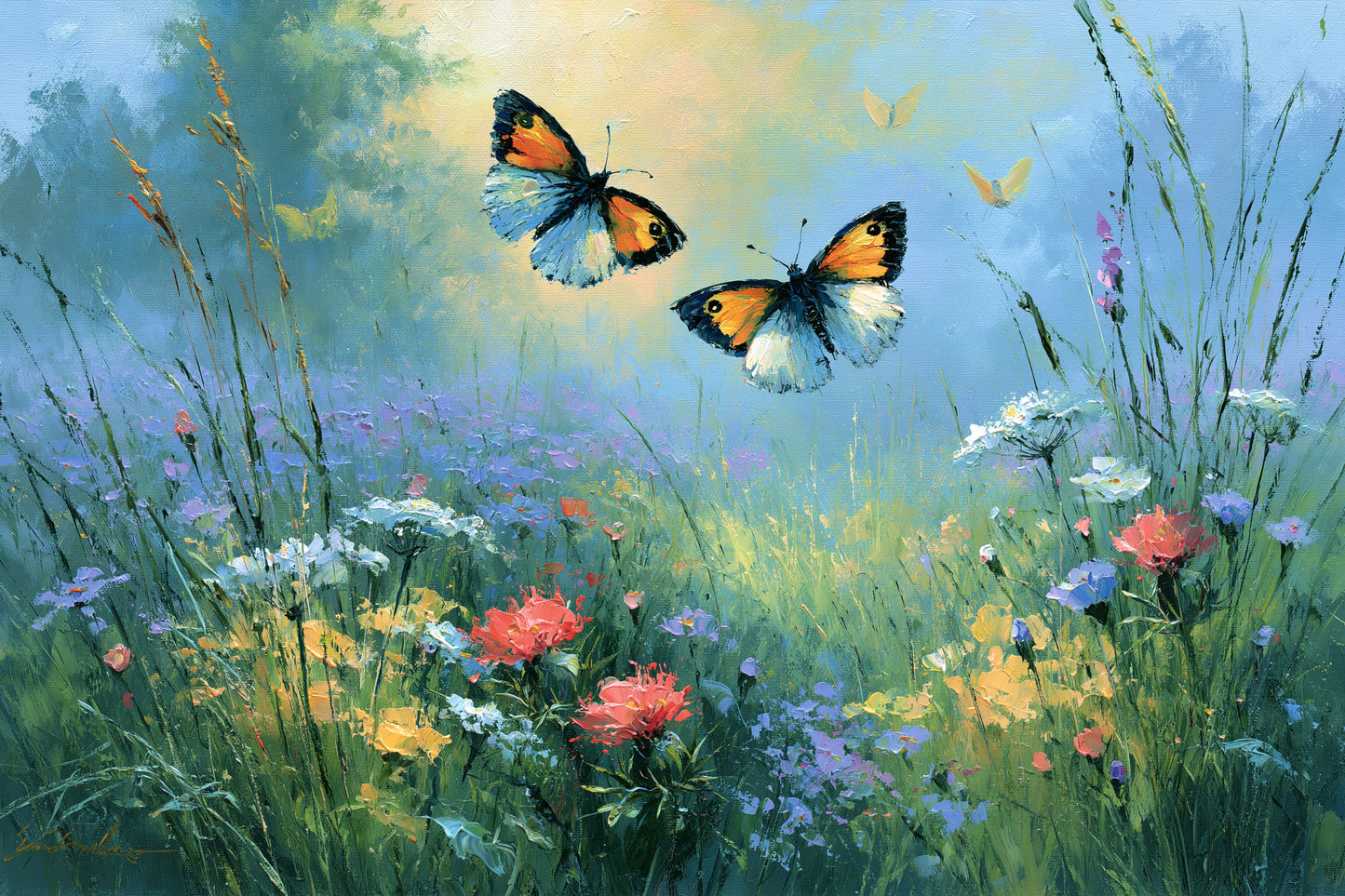 Tableau papillons dans un jardin fleuri peint en bleu vert - grand format XXL