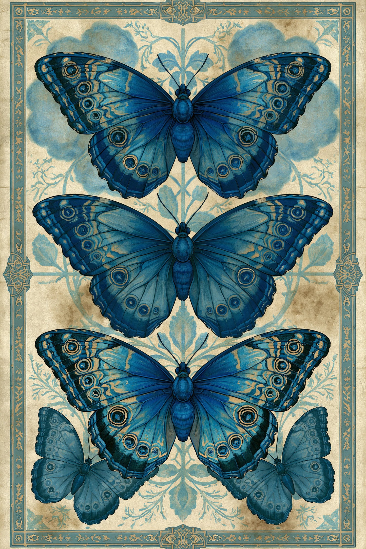 Tableau planche naturaliste bleue avec trois papillons morpho - format M