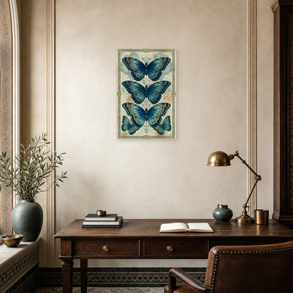 Tableau planche naturaliste bleue avec trois papillons morpho dans un bureau élégant