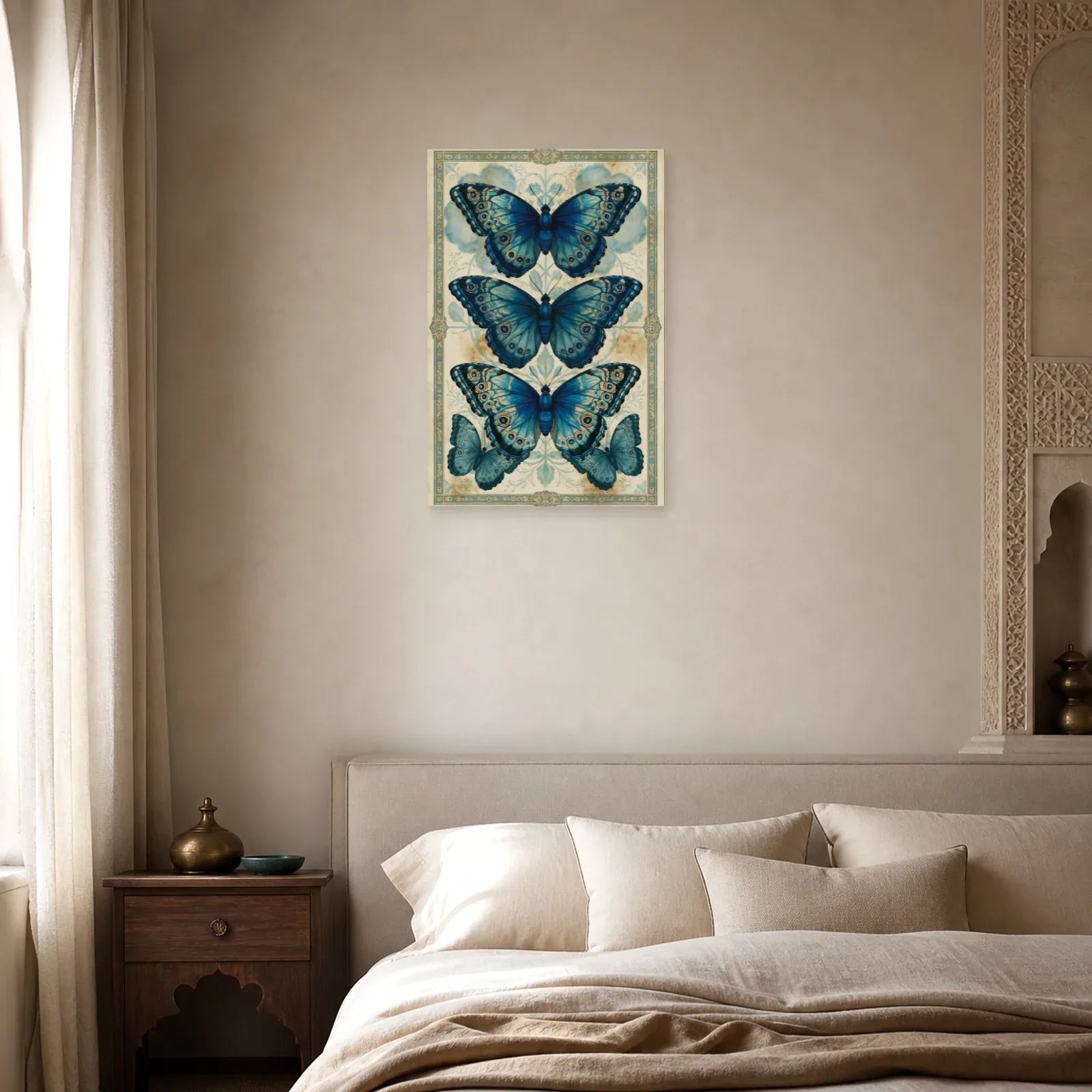 Tableau planche naturaliste bleue avec trois papillons morpho dans une chambre apaisante