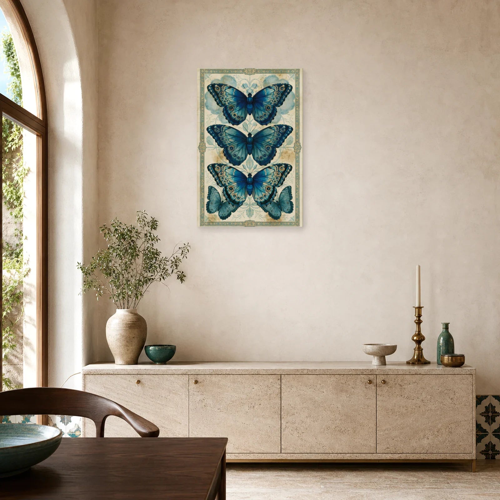 Tableau planche naturaliste bleue avec trois papillons morpho dans une salle à manger lumineuse