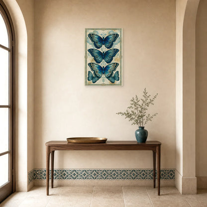 Tableau planche naturaliste bleue avec trois papillons morpho dans une entrée ou un couloir décoré