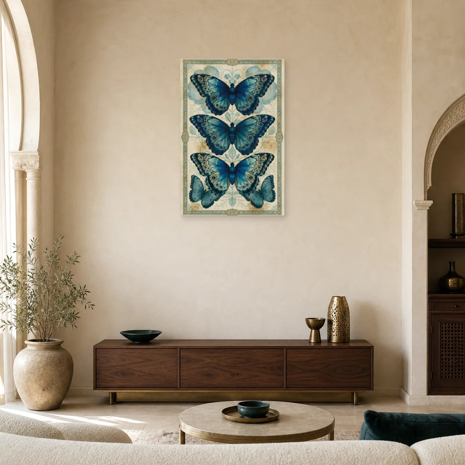 Tableau planche naturaliste bleue avec trois papillons morpho dans un salon contemporain