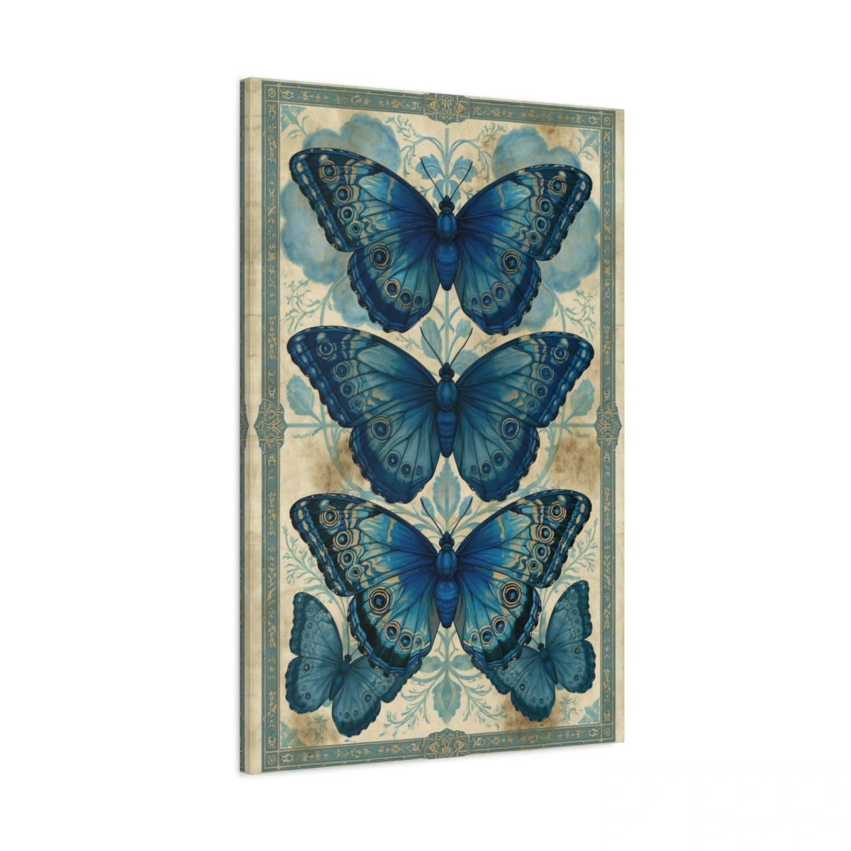 Tableau planche naturaliste bleue avec trois papillons morpho - toile 3D avec bords imprimés visibles