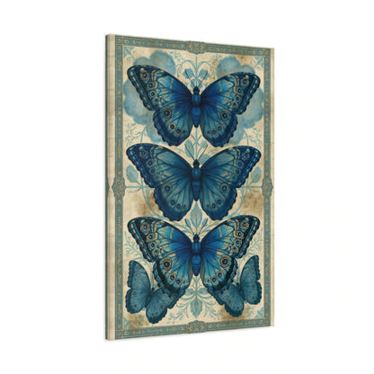 Tableau planche naturaliste bleue avec trois papillons morpho - toile 3D avec bords imprimés visibles
