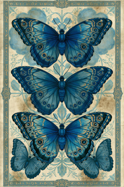 Tableau planche naturaliste bleue avec trois papillons morpho - format XL