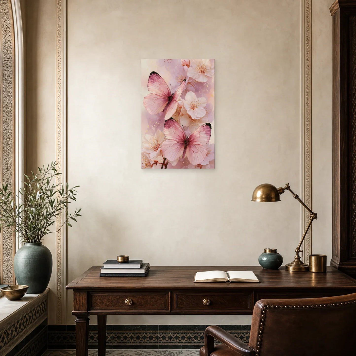 Tableau papillons roses en aquarelle avec fleurs poudrées dans un bureau élégant