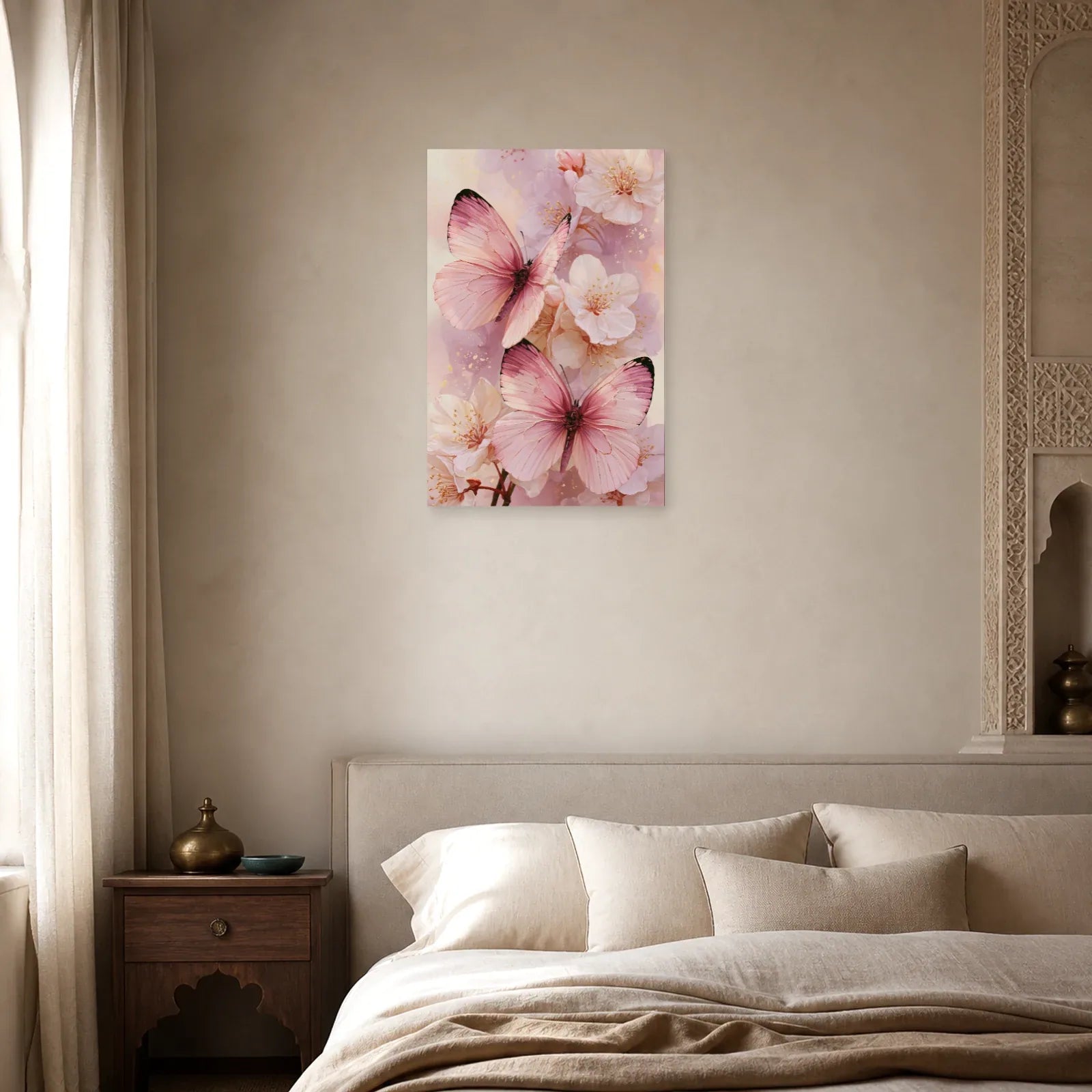 Tableau papillons roses en aquarelle avec fleurs poudrées dans une chambre apaisante