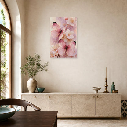 Tableau papillons roses en aquarelle avec fleurs poudrées dans une salle à manger lumineuse