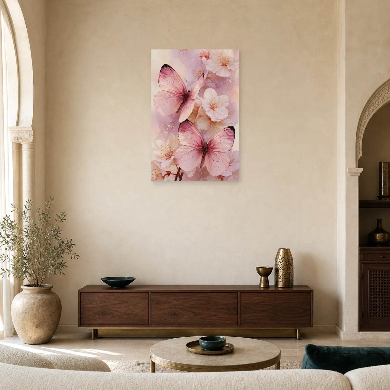 Tableau papillons roses en aquarelle avec fleurs poudrées dans un salon contemporain
