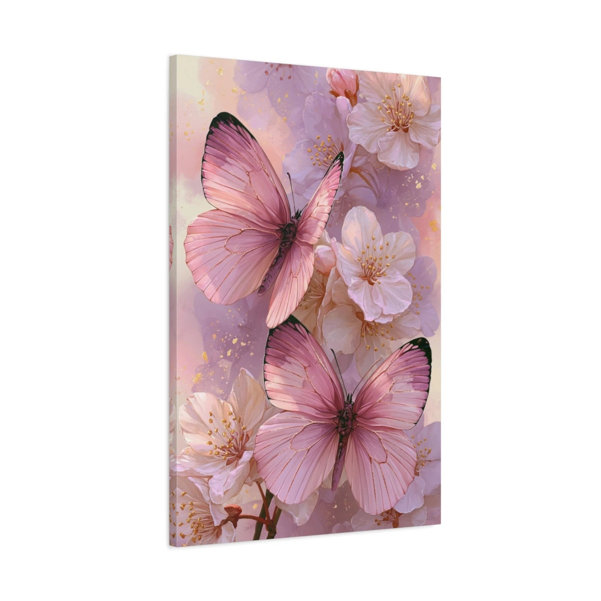 Tableau papillons roses en aquarelle avec fleurs poudrées - toile 3D avec bords imprimés visibles