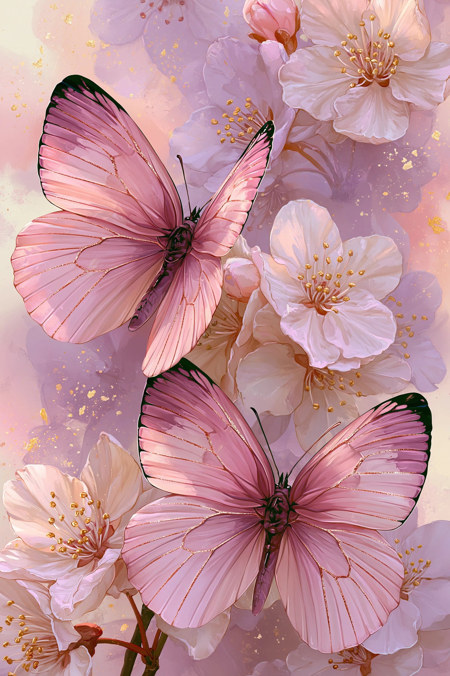 Tableau papillons roses en aquarelle avec fleurs poudrées - grand format XXL