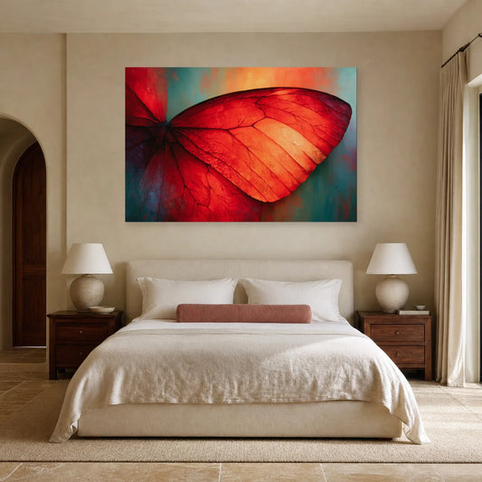Tableau papillon rouge et bleu-vert présenté dans une chambre