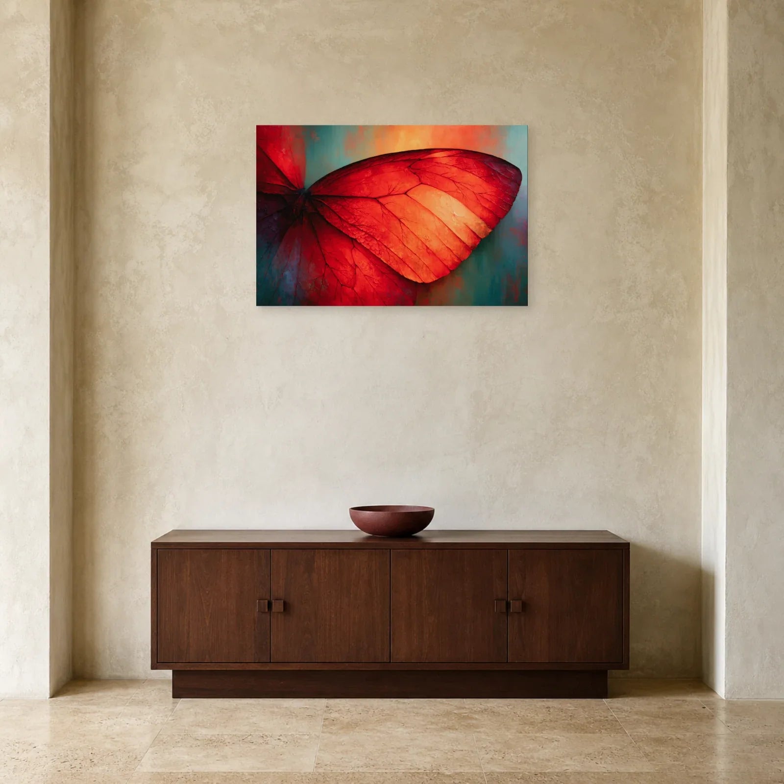 Tableau aile de papillon rouge présenté dans une entrée