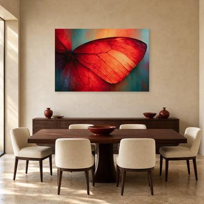 Tableau animalier rouge orangé présenté dans une salle à manger