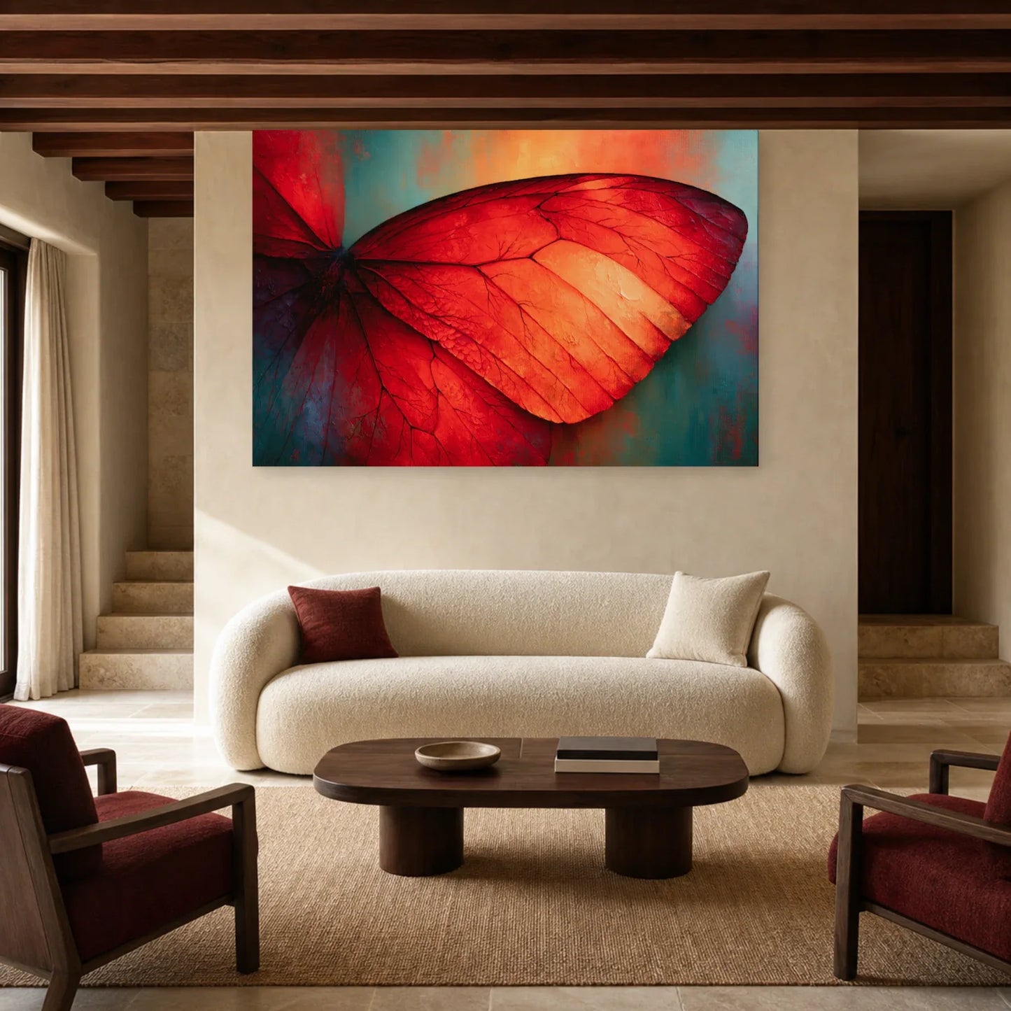 Tableau macro de papillon rouge présenté dans un salon