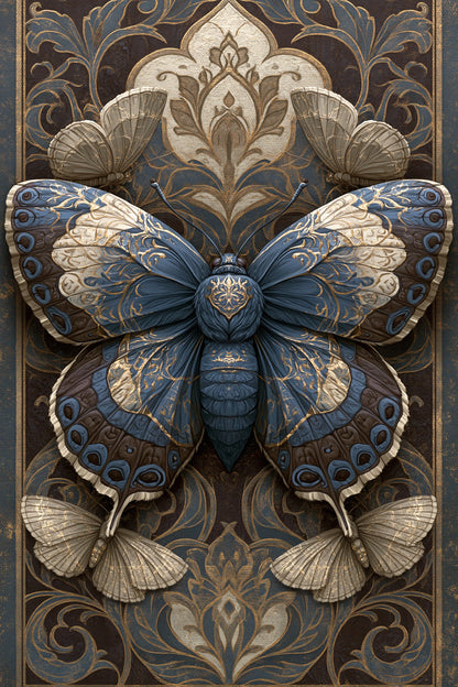 Tableau papillon sombre sur fond baroque façon illustration sous verre - format M