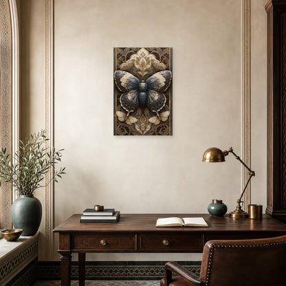 Tableau papillon sombre sur fond baroque façon illustration sous verre dans un bureau élégant