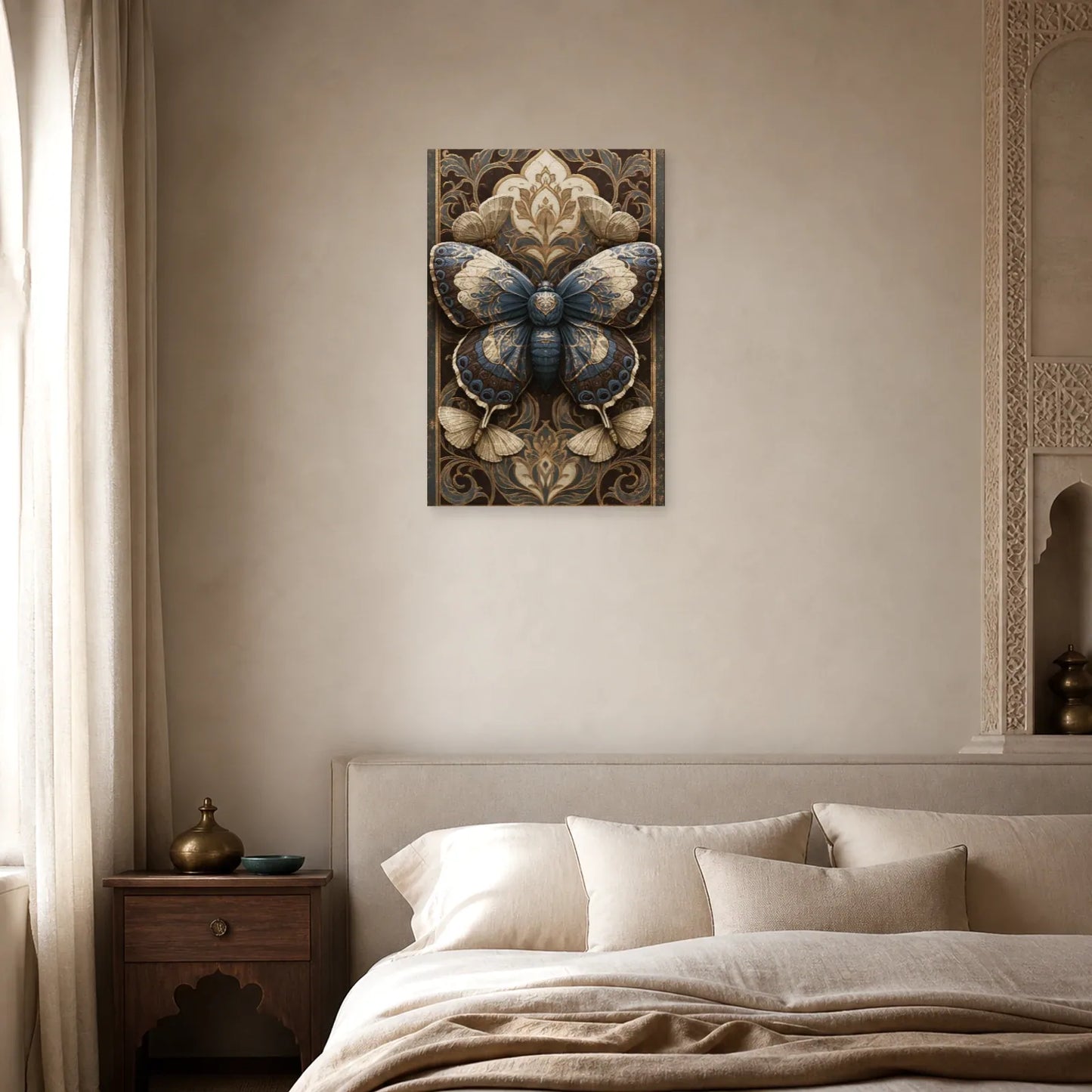 Tableau papillon sombre sur fond baroque façon illustration sous verre dans une chambre apaisante