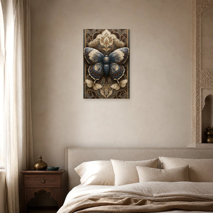 Tableau papillon sombre sur fond baroque façon illustration sous verre dans une chambre apaisante