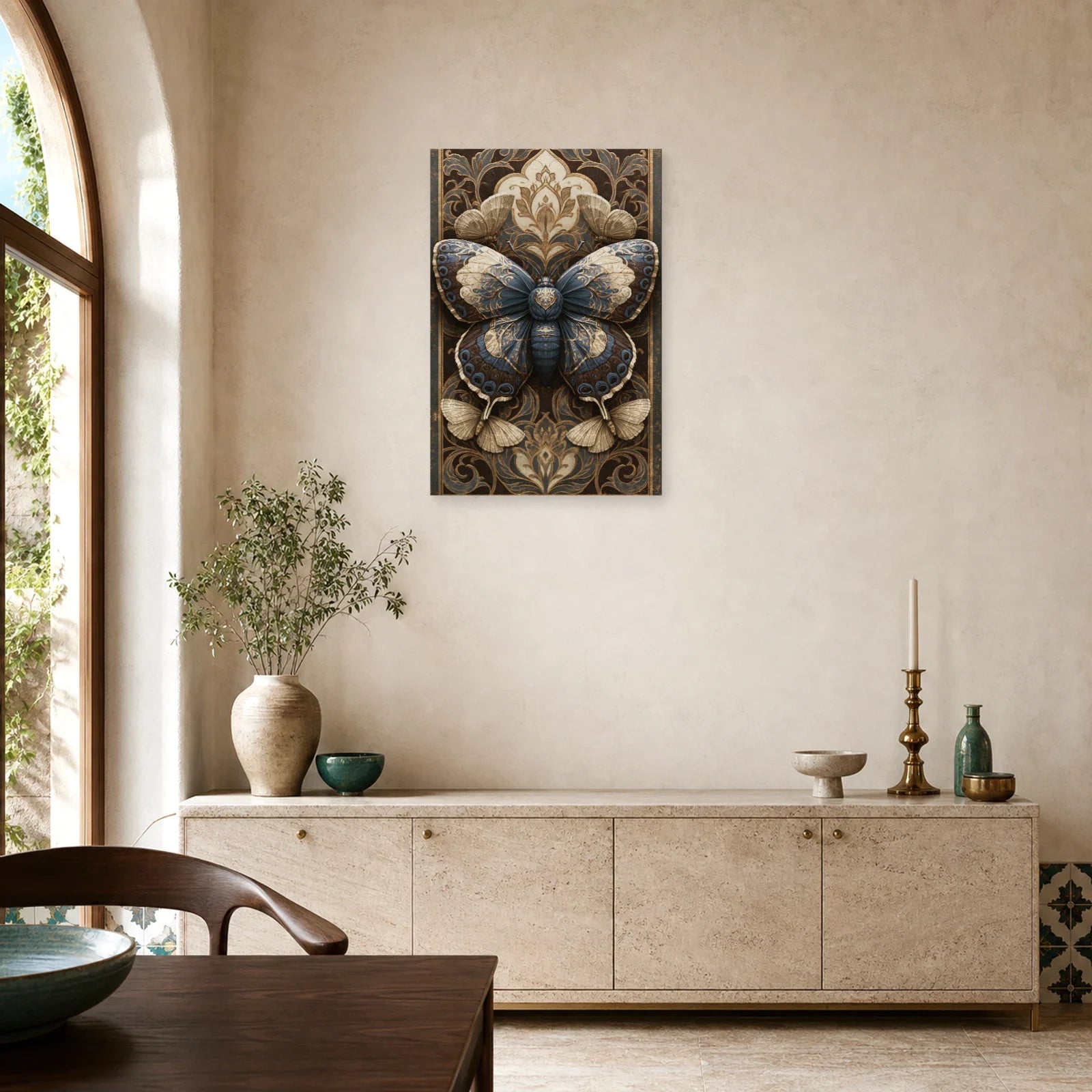 Tableau papillon sombre sur fond baroque façon illustration sous verre dans une salle à manger lumineuse