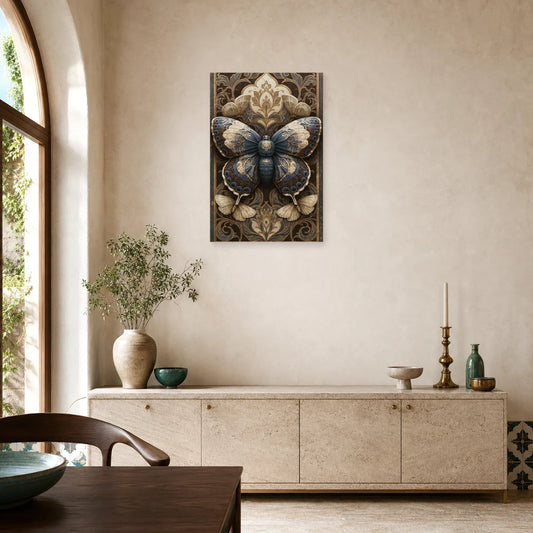 Tableau papillon sombre sur fond baroque façon illustration sous verre dans une salle à manger lumineuse