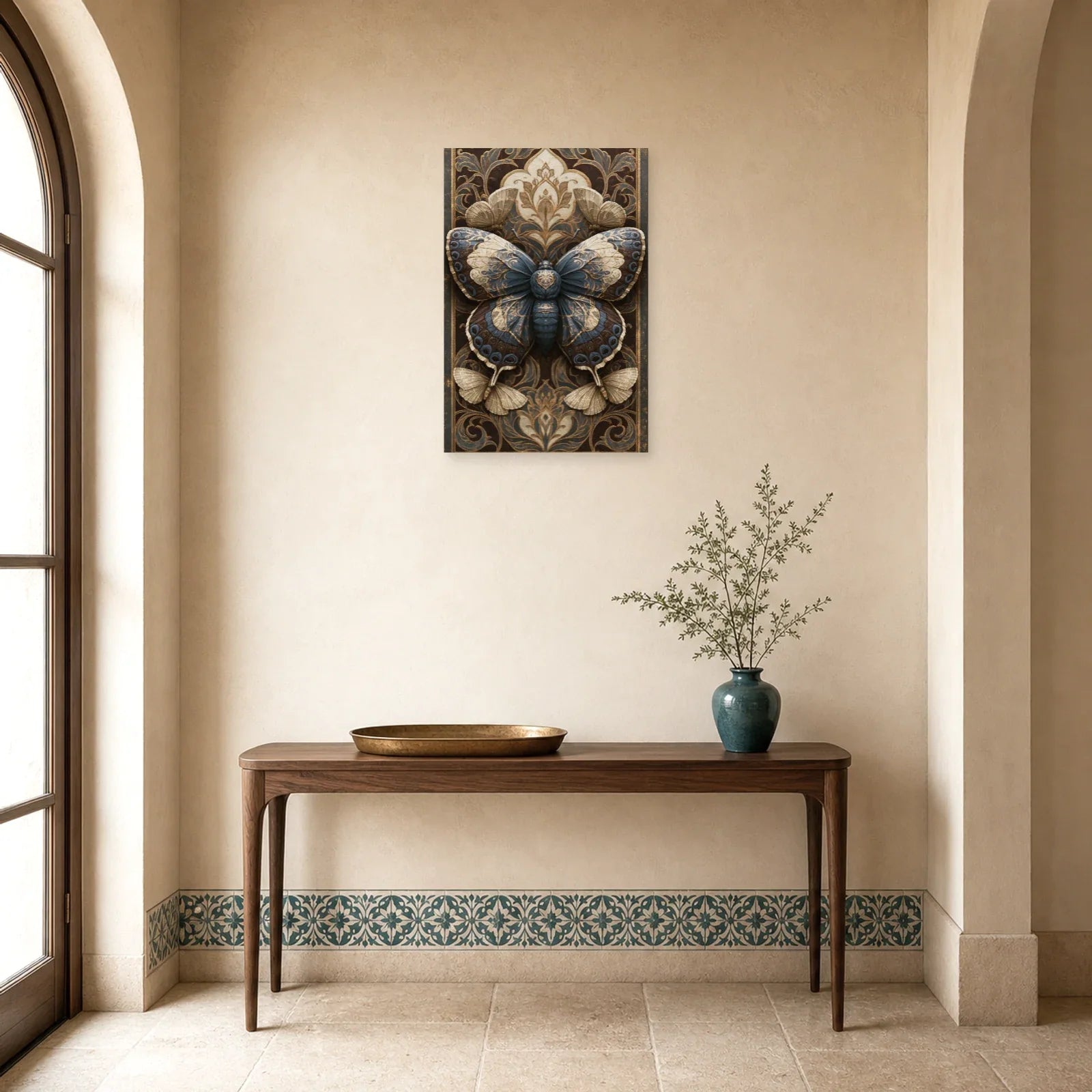 Tableau papillon sombre sur fond baroque façon illustration sous verre dans une entrée ou un couloir décoré