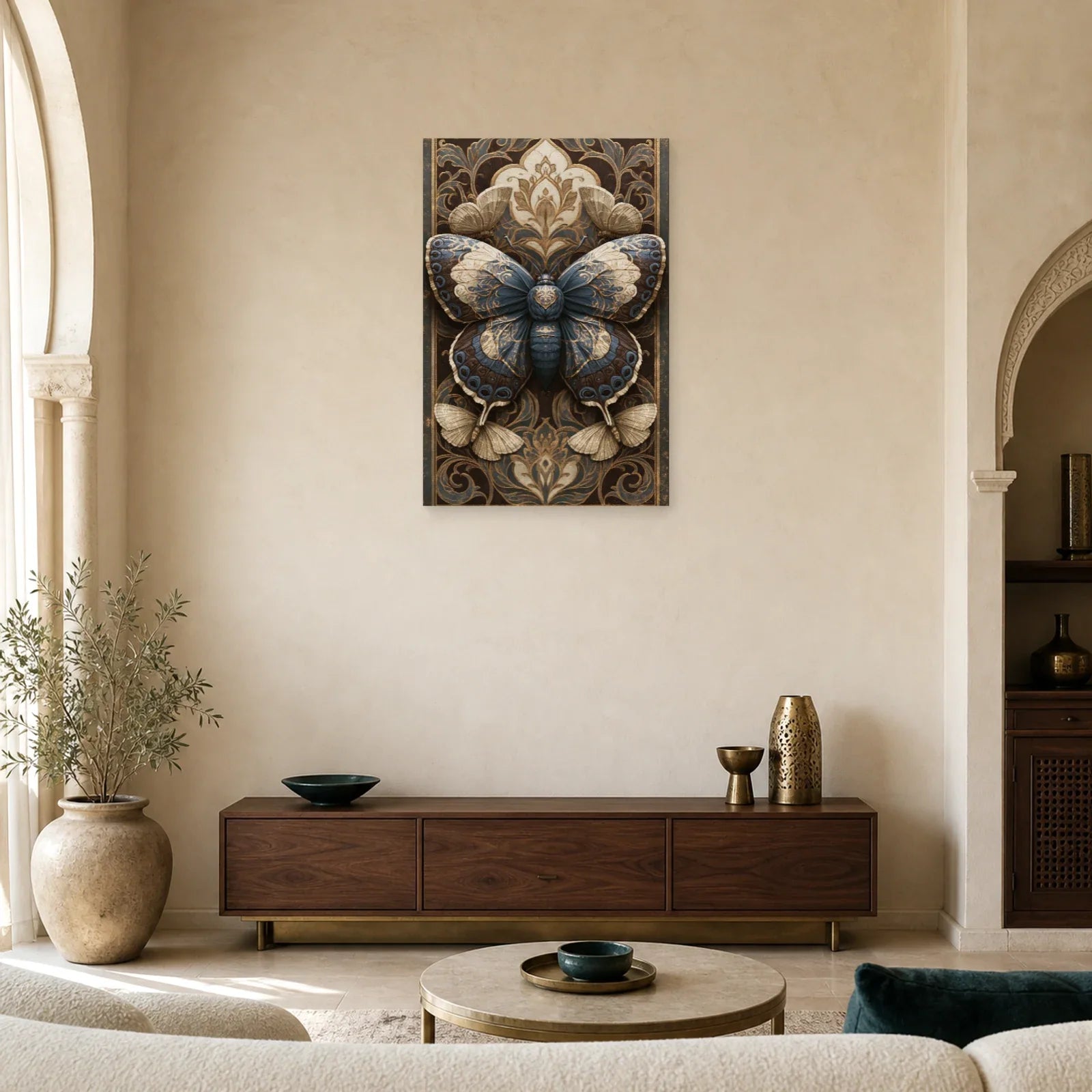 Tableau papillon sombre sur fond baroque façon illustration sous verre dans un salon contemporain