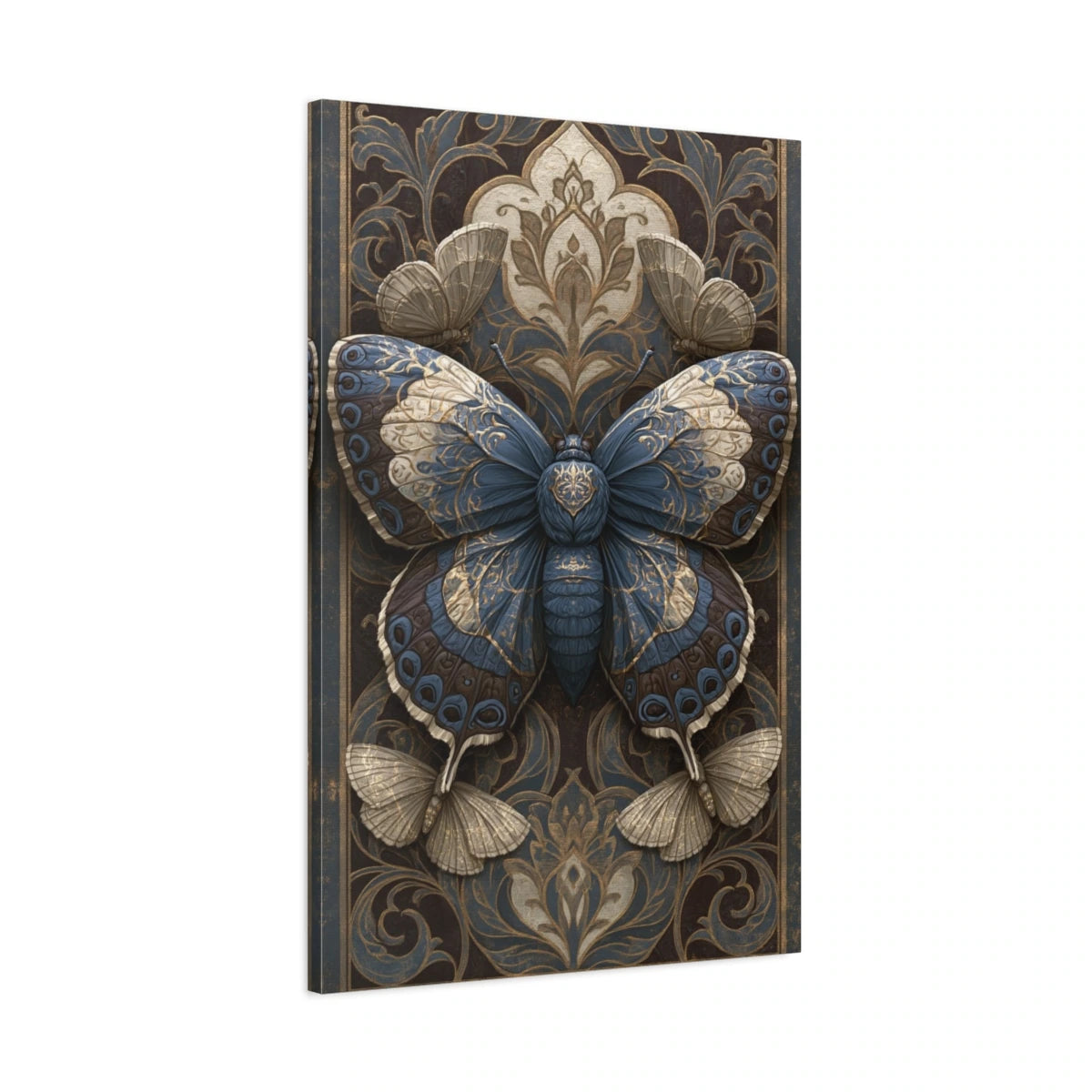 Tableau papillon sombre sur fond baroque façon illustration sous verre - toile 3D avec bords imprimés visibles