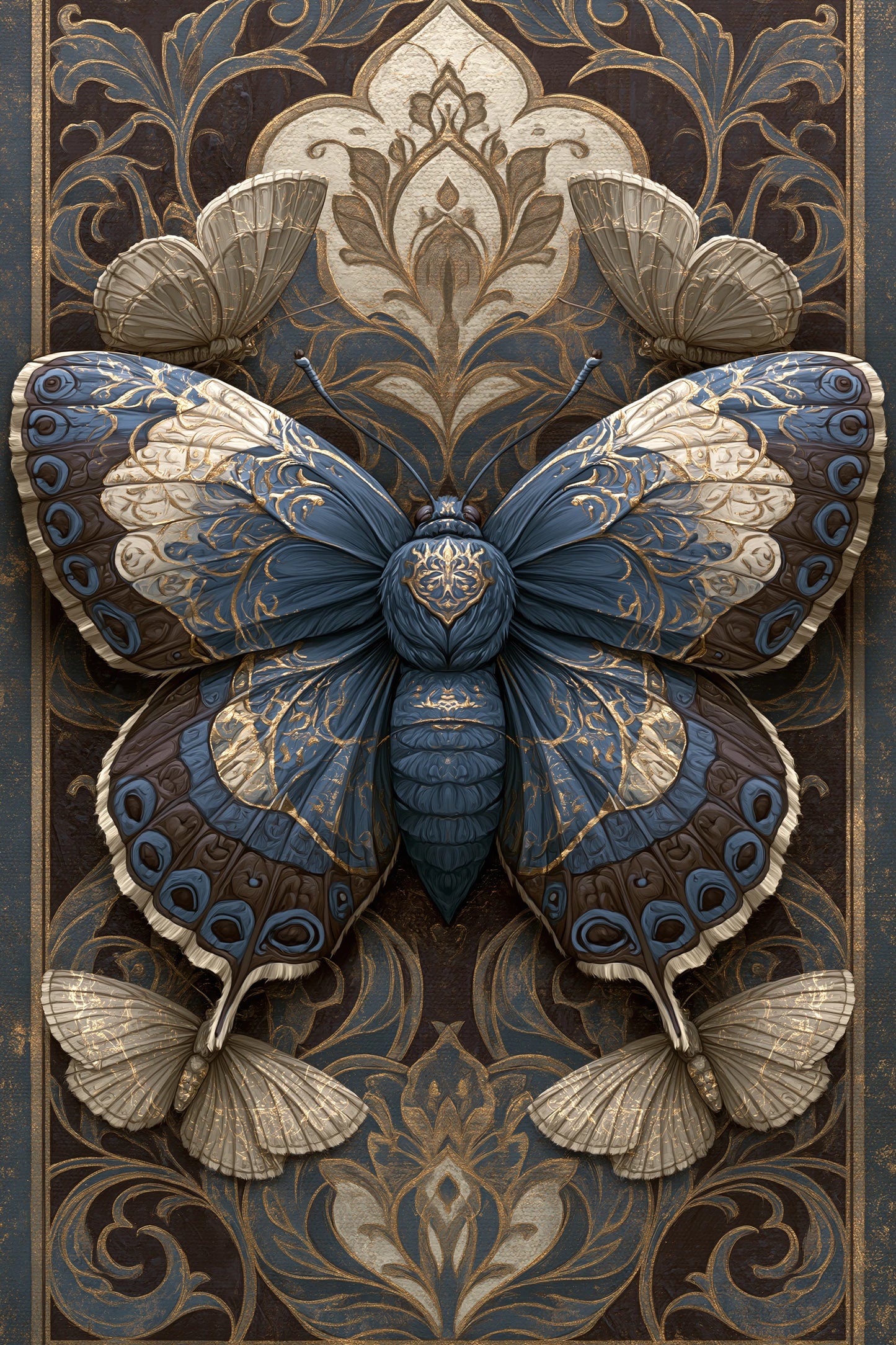 Tableau papillon sombre sur fond baroque façon illustration sous verre - grand format XXL