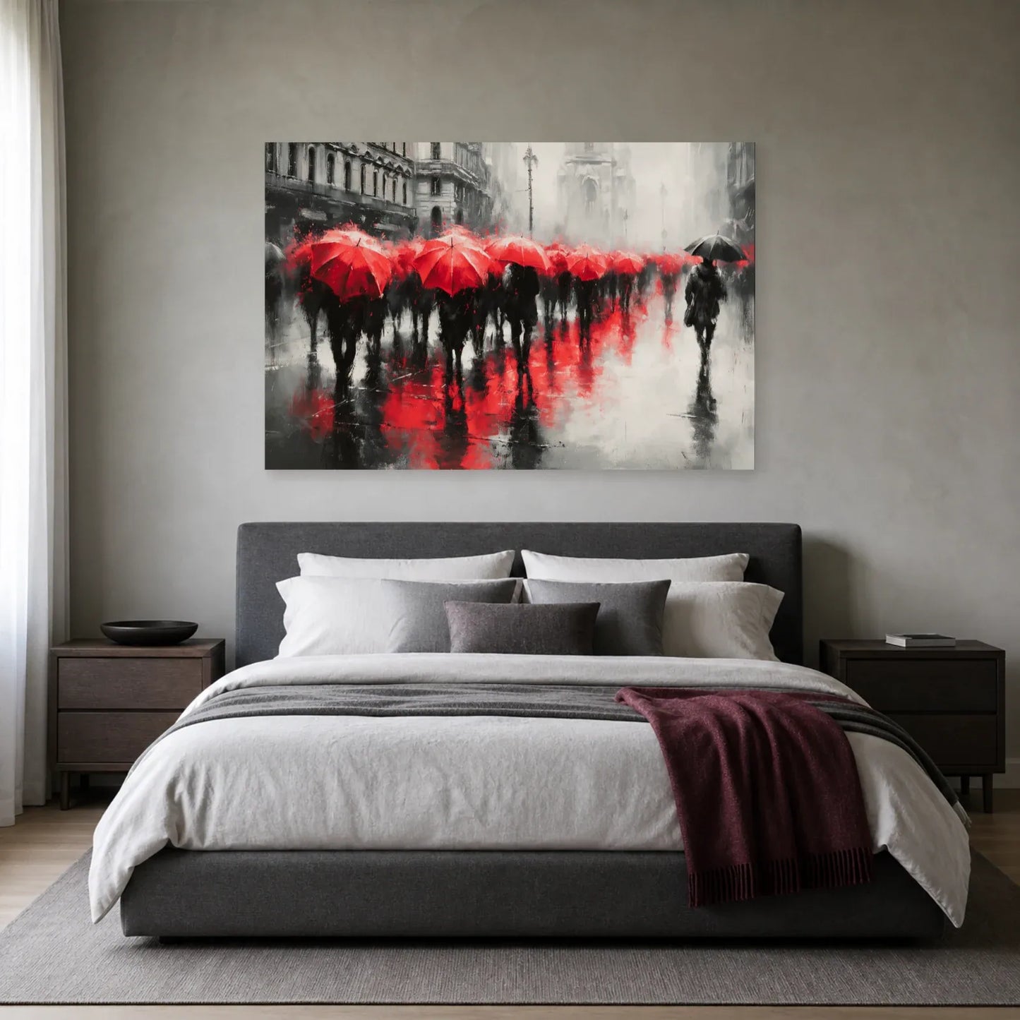 Tableau rouge gris et noir présenté dans une chambre