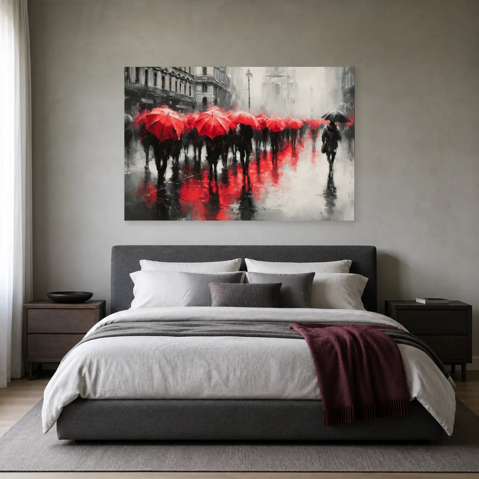 Tableau rouge gris et noir présenté dans une chambre
