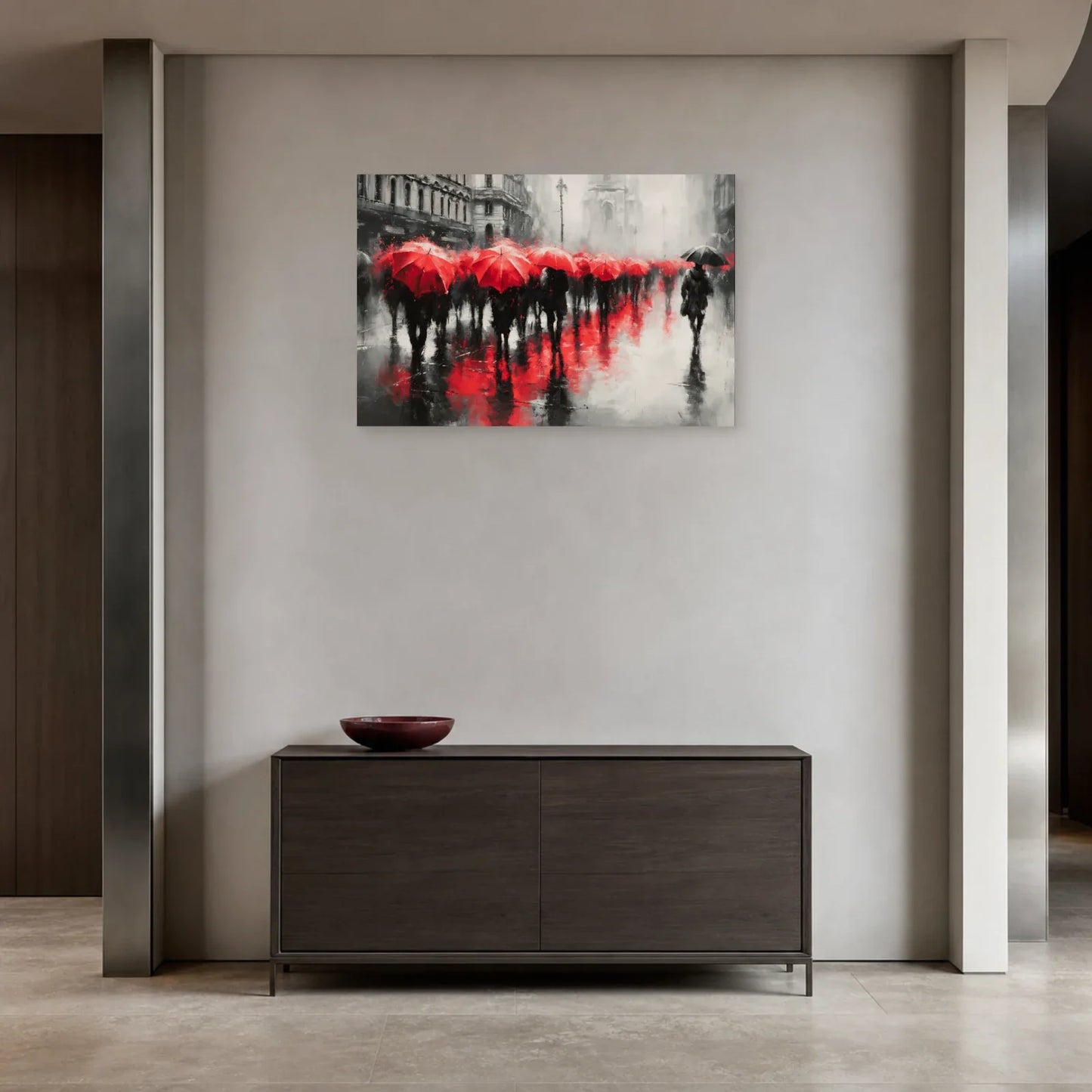 Tableau parapluies rouges sous la pluie présenté dans une entrée