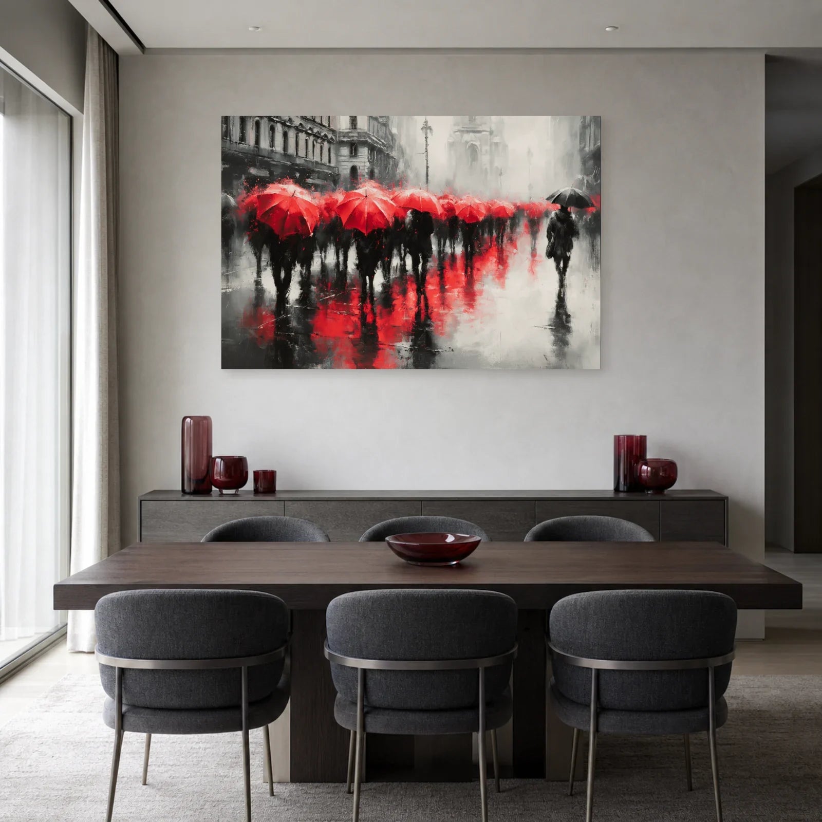 Tableau de rue aux reflets écarlates présenté dans une salle à manger