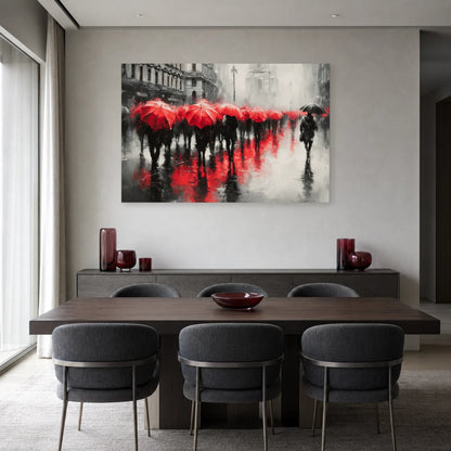 Tableau de rue aux reflets écarlates présenté dans une salle à manger