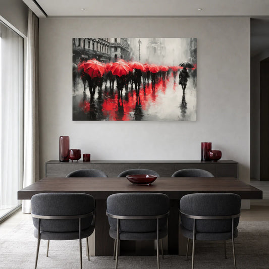 Tableau de rue aux reflets écarlates présenté dans une salle à manger